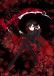 1girl absurdres animal_on_shoulder black_background black_boots black_hair black_leggings boots breasts cape commentary_request dog frilled_skirt frills gradient_hair highres leggings long_sleeves medium_breasts medium_hair miniskirt multicolored_boots multicolored_hair nepsuka_(hachisuka) petals red_boots red_cape red_hair red_petals ruby_rose rwby scythe shoelaces skirt solo_focus 