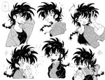  1girl :d ? ^_^ arm_behind_head braid chinese_clothes closed_eyes closed_mouth flying_sweatdrops food frown greyscale highres monochrome open_clothes ranma_1/2 saotome_ranma saotome_ranma_(female) scarf single_braid siyer smile spoken_question_mark steamed_bun striped_clothes striped_scarf v 