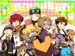  4boys 5girls ;) aqua_hat bandana black_bodysuit blonde_hair blue_eyes blue_hair bodysuit bright_pupils brown_gloves brown_hair closed_eyes closed_mouth commentary_request dancer_(sekaiju) dancer_1_(sekaiju) facial_hair fortress_(sekaiju) fortress_2_(sekaiju) gloves goatee goggles hair_between_eyes hair_over_one_eye hammer hand_up hat holding holding_hammer holding_sword holding_test_tube holding_weapon l_(matador) looking_at_viewer medic_(sekaiju_4) medic_4_(sekaiju_4) multiple_boys multiple_girls mystic_(sekaiju) mystic_4_(sekaiju) official_alternate_color one_eye_closed one_eye_covered open_mouth over_shoulder profile red_bandana red_hair rune_master_(sekaiju) rune_master_1_(sekaiju) rune_master_2_(sekaiju) sekaiju_no_meikyuu sekaiju_no_meikyuu_4 short_hair smile sniper_(sekaiju) sniper_3_(sekaiju) standing sword sword_over_shoulder swordsman_(sekaiju_4) swordsman_1_(sekaiju_4) swordsman_4_(sekaiju_4) teeth test_tube tower_shield upper_body upper_teeth_only weapon weapon_over_shoulder white_pupils 