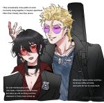  1boy 1girl black_coat black_hair black_jacket blonde_hair blue_shirt breasts choker cleavage coat collar collarbone commentary demoncursed_vayne desagreablelol dog_tags ear_piercing earrings english_commentary english_text glasses hair_between_eyes jacket jewelry league_of_legends lips locke_(league) piercing police police_badge police_uniform policewoman purple-tinted_eyewear red-tinted_eyewear red_eyes red_shirt round_eyewear shirt signature simple_background tattoo tinted_eyewear torn_clothes torn_shirt vayne_(league) wolf_cut 
