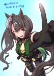  1girl animal_ears arm_up ascot black_gloves black_hair black_pantyhose blush breasts commentary_request crown_ornament ear_ornament ear_through_crown elbow_gloves gloves green_eyes green_sweater hair_between_eyes horse_ears horse_girl horse_tail long_hair looking_at_viewer medium_breasts multicolored_hair necktie open_mouth pantyhose ribbed_sweater satono_crown_(emerald_journey)_(umamusume) satono_crown_(umamusume) shorts side_ponytail sleeveless sleeveless_sweater smile solo streaked_hair suspender_shorts suspenders suzuneiroekaki sweater tail teeth umamusume white_hair yellow_ascot yellow_necktie 