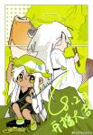  2girls absurdres ahaijiushilihai arrow_(symbol) black_dress chibi chibi_only chinese_commentary chopsticks colored_eyelashes commentary_request crocs dark-skinned_female dark_skin dress false_memory fang_tang_(false_memory) fish fishing_rod green_eyes halo highres holding holding_chopsticks jacket long_hair long_skirt long_sleeves multiple_girls recycling_symbol release_celebration sitting skirt watermark weibo_username weibo_watermark white_eyelashes white_hair white_jacket yi_(false_memory) 