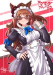  1girl animal_ears apron black_dress blue_bow blush bow breasts brown_hair closed_mouth commentary_request dress ears_through_headwear fedora forever_young_(umamusume) funaya_sakichi green_eyes hand_on_own_hip hat highres holding holding_tray horse_ears horse_girl large_breasts long_hair looking_at_viewer maid maid_apron maid_headdress multicolored_hair purple-tinted_eyewear red-tinted_eyewear red_streaks smile solo streaked_hair sunglasses tinted_eyewear tray umamusume white_apron white_headdress white_streaks 