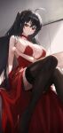 1girl absurdres ahoge azur_lane black_hair black_thighhighs breasts choker cleavage closed_mouth collarbone commentary dress highres jianjia large_breasts long_hair looking_at_viewer official_alternate_costume red_choker red_dress red_eyes sitting sleeveless sleeveless_dress smile solo taihou_(azur_lane) taihou_(forbidden_fruit)_(azur_lane) thighhighs thighs very_long_hair 