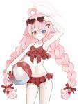  1girl adjusting_eyewear ahoge alternate_costume ball beachball bikini blue_archive blue_eyes blush braid commentary eyewear_on_head frilled_bikini frills hair_ornament halo hand_on_eyewear heterochromia holding holding_ball hoshino_(blue_archive) hoshino_(swimsuit)_(blue_archive) long_hair looking_at_viewer low_twintails navel nyangpan pink_hair red_ribbon ribbon simple_background smile solo sunglasses swimsuit twin_braids twintails untranslatable_commentary white_background 