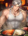  1boy absurdres artist_name bare_shoulders biceps closed_mouth clothes_lift collarbone commentary crew_neck debbie_(debbielu9972) english_commentary food grey_hair highres hot jewelry lantern lifting_own_clothes looking_at_viewer love_and_deepspace medallion muscular muscular_male necklace paper_lantern parted_bangs red_eyes shirt short_hair skin_tight sleeveless sleeveless_shirt sweat sylus_(love_and_deepspace) veins veiny_arms very_sweaty 