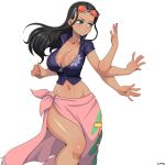  1girl absurdres black_hair blue_eyes breasts cleavage collared_jacket commentary cropped_jacket devil_fruit_power english_commentary extra_arms eyewear_on_head fighting_stance floating_hair floral_print hair_slicked_back hand_up high_collar highres jacket large_breasts long_hair looking_to_the_side midriff navel nico_robin one_piece open_mouth orange-tinted_eyewear pink_sarong sarong shiny_skin short_sleeves signature simmsy simple_background skirt solo sunglasses tinted_eyewear variant_set white_background 