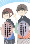  1boy 1girl black_shirt blank_eyes blue_jacket brown_hair clenched_hands clenched_teeth colored_speech_bubble day emphasis_lines grey_shorts jacket jogging juukyuu orange_jacket original outdoors ponytail shaded_face shirt short_sleeves shorts speech_bubble tears teeth translation_request white_shirt 