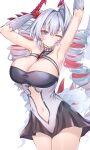  1girl absurdres argente_(shadowverse) armpits arms_up bare_shoulders breasts clothing_cutout commentary_request cowboy_shot dragon_girl dragon_horns dragon_tail dragon_wings drill_hair facial_mark gem gloves grey_eyes grey_hair highres horns multicolored_hair navel one_eye_closed red_hair red_horns scales shadowverse shadowverse:_worlds_beyond slit_pupils solo tail two-tone_hair white_background wings yahan_(mctr5253) 