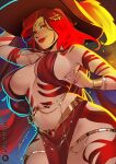  1girl bodypaint bracelet breasts breasts_apart gold_bracelet gold_thighlet hair_ornament hat hat_feather head_chain highres holy_meh jewelry large_breasts long_hair looking_at_viewer necklace original patreon_username pelvic_curtain red_eyes red_hair red_hat red_lips revealing_clothes solo thighlet 