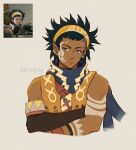  1boy artist_name blue_scarf closed_mouth commentary crossed_arms dark-skinned_male dark_skin diego_(fire_emblem) earrings english_commentary eyebrow_piercing face_piercing facial_mark fire_emblem fire_emblem:_fortune's_weave game_screenshot_inset grey_background headband highres jewelry kryomax looking_at_viewer male_focus piercing reference_inset scarf screenshot_inset twitter_username upper_body vest yellow_vest 