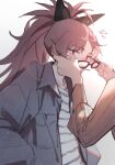  2girls bloom blue_jacket bow commentary food food_in_mouth glasses hair_bow hands_in_pockets highres jacket light_particles looking_at_another mahou_shoujo_madoka_magica mahou_shoujo_madoka_magica_(anime) multiple_girls out_of_frame pocky pocky_in_mouth ponytail red_eyes red_hair removing_eyewear sakura_kyoko shirt striped_clothes striped_shirt sweater tomoe_mami upper_body white_background white_shirt winehusk yellow_sweater 