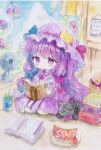  1girl black_cat blue_bow book book_stack bow cat chibi chibi_only commentary_request crescent crescent_hat_ornament dress electric_fan food fruit hair_bow hat hat_ornament highres holding holding_book long_hair mob_cap mokomilk_0914 multiple_hair_bows neck_ribbon open_book painting_(medium) patchouli_knowledge pink_bow pink_dress pink_hat pink_ribbon purple_eyes purple_hair reading ribbon sample_watermark sitting solo striped_clothes striped_dress touhou traditional_media unworn_headwear vertical-striped_clothes vertical-striped_dress very_long_hair watercolor_(medium) watermark watermelon watermelon_slice wind_chime 