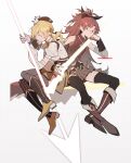  2girls black_boots black_corset black_thighhighs blonde_hair blush boots breasts brown_skirt closed_mouth commentary corset dress drill_hair grey_thighhighs gun head_rest highres holding holding_gun holding_polearm holding_weapon large_breasts long_hair magical_girl magical_musket_(madoka_magica) mahou_shoujo_madoka_magica mahou_shoujo_madoka_magica_(anime) medium_hair multiple_girls polearm ponytail red_boots red_dress red_eyes red_hair sakura_kyoko sakura_kyoko_(magical_girl) shirt sitting skirt smile thighhighs tomoe_mami tomoe_mami_(magical_girl) twin_drills weapon white_shirt winehusk yellow_eyes 