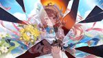  1girl ahoge animal_ears arknights bare_shoulders bell blue_bow blue_bowtie bouquet bow bowtie broken_glass brown_hair chinese_commentary commentary_request crying crying_with_eyes_open eyjafjalla_(arknights) eyjafjalla_the_hvit_aska_(a_picnic_before_a_long_trip)_(arknights) eyjafjalla_the_hvit_aska_(arknights) fantasy_traveler flower frills glass hair_between_eyes hand_on_own_stomach highres holding_hands horns jingle_bell light_blush long_hair long_sleeves looking_at_viewer material_growth neck_bell official_alternate_costume open_mouth oripathy_lesion_(arknights) pink_eyes pov pov_hands red_ribbon revealing_layer ribbon sheep_ears sheep_girl sheep_horns smile tears watermark white_flower white_horns yellow_flower 