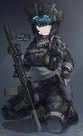  1girl ammunition_pouch assault_rifle belt black_hair black_pants blue_eyes boots bullet camouflage camouflage_pants chest_rig closed_mouth combat_helmet commission eotech full_body gloves grey_jacket grey_scarf gun h&amp;k_cc9 h&amp;k_hk416 handgun headset helmet highres holster jacket kneeling laser_sight magazine_(weapon) makiyo_shine night_vision_device original pants pouch rifle scarf see-through_magazine_(weapon) short_hair simple_background solo suppressor tactical_gloves watch weapon wristwatch 