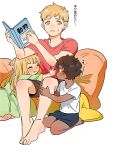  1girl 2boys aged_down black_hair black_shorts blonde_hair blue_eyes book brother_and_sister brown_shorts closed_eyes commentary_request contemporary curly_hair dark-skinned_male dark_skin dress dungeon_meshi falin_touden furrowed_brow gerende15 green_dress holding holding_book kabru laios_touden long_hair multiple_boys open_book pout red_shirt shirt short_hair shorts siblings sitting sweatdrop translated white_background white_shirt yellow_eyes 