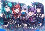  5girls bang_dream! black_dress black_hair black_hat blue_flower blue_rose commentary_request dress flower green_eyes green_hair hat hikawa_sayo holding holding_flower imai_lisa minato_yukina multiple_girls open_mouth purple_eyes purple_hair red_eyes red_hair rose roselia_(bang_dream!) shirokane_rinko signature simple_background smile tamag0zzz twintails udagawa_ako upper_body v yellow_eyes 