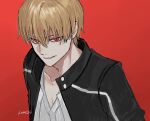  1boy black_jacket blonde_hair collared_jacket fate_(series) gilgamesh_(fate) gilgamesh_(immoral_biker_jacket)_(fate) highres jacket kusuri_03 looking_at_viewer male_focus official_alternate_costume parted_lips red_background red_eyes shirt short_hair simple_background smile solo upper_body v-neck white_shirt white_trim 