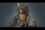  1boy absurdres animal_ears arknights armor black_cape black_hair blood blood_from_forehead blood_from_mouth blue_eyes cape commentary czcibor_paleniskos_(arknights) extra_ears highres horse_boy horse_ears male_focus messy_hair muli_xiao_die portrait rain side_cape swept_bangs untranslatable_commentary white_armor 