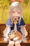  1girl absurdres blue_jacket blush bow capelet chair commentary fox gimseol hair_between_eyes hair_ornament highres jacket knees long_hair long_sleeves on_chair original pointy_ears red_eyes shiny_skin sitting sleepy sleeves_past_wrists solo white_hair 