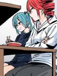  2girls aqua_hair black_jacket black_skirt blazer blush bowl chopsticks commentary_request crossed_arms drill_hair eating food grey_background grey_pants hair_between_eyes hair_tie hatsune_miku highres holding holding_chopsticks hood hoodie jacket kasane_teto kasyo looking_at_another multiple_girls noodles oomori_muryou_na_nda_kara_oomori_tanome_(synthesizer_v) pants ramen red_hair simple_background sitting skirt synthesizer_v table twin_drills twintails utau vocaloid white_hoodie 