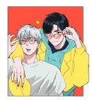  2boys adjusting_eyewear alien_stage alternate_costume aqua_hoodie black_eyes black_hair border commentary english_commentary green_eyes grey_hair hand_on_eyewear highres hood hoodie ivan_(alien_stage) jacket jacket_over_hoodie male_focus multiple_boys outside_border red_border red_pupils shirt short_hair star_(symbol) sunglasses till_(alien_stage) very_short_hair white_border white_shirt yellow_jacket yossaaan 
