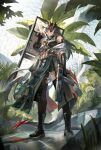  1girl absurdres arknights az'ruler bandage_on_face bandages black_boots black_gloves black_thighhighs boots clothing_request conservatory dragon_tail elbow_gloves fingerless_gloves from_below full_body gloves greenhouse grey_hair gun highres holding holding_gun holding_shield holding_weapon horns indoors long_hair looking_at_viewer looking_down orange_eyes plant plant_request profile reflective_floor rhine_lab_logo riot_shield saria_(arknights) saria_(stronghold)_(arknights) shield solo standing tail thighhighs truss weapon 