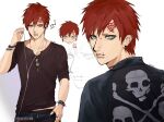  1boy aqua_eyes back beamed_eighth_notes bleerghw bracelet bridge_piercing brown_shirt commentary_request commentary_typo ear_piercing earphones eighth_note english_commentary expressionless face_piercing forehead_tattoo gaara_(naruto) highres holding holding_earphones jewelry lip_piercing male_focus multiple_bracelets multiple_necklaces multiple_rings musical_note naruto_(series) naruto_shippuuden necklace piercing red_hair ring shirt signature skull_and_crossbones spiked_bracelet spikes tattoo v 