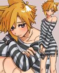  1boy blonde_hair blue_eyes blush chain cloud_strife commentary_request cuffs earrings final_fantasy final_fantasy_vii handcuffs highres jewelry multiple_views prison_clothes shirt single_bare_shoulder solo striped_clothes striped_shirt suisui_434 trap 