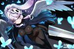  1girl absurdres ahoge artist_name blue_butterfly blue_eyes bodystocking breasts bug butterfly commentary cosplay covered_navel eckert&amp;eich elia_stellaria english_commentary feathered_wings feet_out_of_frame from_above gradient_eyes gradient_hair grey_cloak highres holding holding_weapon hollow_knight indie_virtual_youtuber knight_(hollow_knight) knight_(hollow_knight)_(cosplay) large_breasts long_hair makeup mask mask_on_head multicolored_eyes multicolored_hair nail_(hollow_knight) old_nail_(hollow_knight) pink_eyes ponytail purple_hair second-party_source smile solo star_(symbol) virtual_youtuber weapon white_hair white_wings wings 