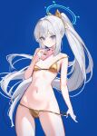  1girl absurdres ass_visible_through_thighs bikini blue_archive blue_background blue_eyes blue_halo blush bow breasts cellphone closed_mouth commentary cowboy_shot groin hair_bow halo highres holding holding_phone long_hair long_sidelocks looking_at_viewer micro_bikini miyako_(blue_archive) navel off_shoulder orange_bikini phone ponytail pupik sidelocks simple_background small_breasts smartphone solo standing stomach string_bikini swimsuit untranslatable_commentary very_long_hair white_hair yellow_bikini yellow_bow 