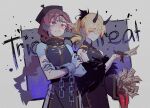 2girls alternate_hairstyle black_hat black_horns blonde_hair closed_mouth commentary_request cowboy_shot drill_hair drill_ponytail grey_background hat highres horns jiangshi_costume long_hair looking_up mahou_shoujo_madoka_magica mahou_shoujo_madoka_magica_(anime) multiple_girls ofuda ofuda_on_head one_eye_closed patchwork_skin red_eyes red_hair sakura_kyoko screentones smile tomoe_mami trick_or_treat winehusk yellow_eyes 