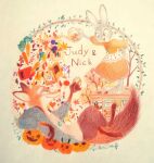  1boy 1girl :3 acorn alternate_costume animal_ears animal_feet animal_nose arm_up autumn autumn_leaves barefoot blue_jacket body_fur book border brown_fur brown_pants buck_teeth carrot character_name closed_mouth colored_pencil_(medium) commentary_request crossed_legs cup dress drinking_glass eye_contact fox_boy fox_ears fox_tail full_body furry furry_female furry_male ghost green_eyes grey_fur half-closed_eyes hand_on_own_hip happy holding holding_cup jack-o'-lantern jacket jewelry judy_hopps leaf looking_at_another looking_down lying meme_(penpengusa_no_meme) multicolored_fur musical_note necklace nick_wilde on_back open_book open_clothes open_jacket open_mouth orange_dress orange_fur outstretched_arm pants partial_commentary paw_print pouring profile puffy_sleeves pumpkin purple_eyes rabbit_ears rabbit_girl round_border shirt smile snout standing sticker tail teacup teeth traditional_media two-tone_fur white_fur white_shirt zootopia 