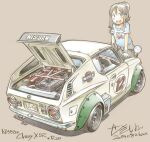  1girl black_eyes blue_shirt brown_hair brown_jacket car clothes_around_waist commentary_request engine grey_background jacket jacket_around_waist medium_hair mima_nonoka motor_vehicle nissan nissan_cherry open_car_hood open_mouth ponytail race_vehicle racecar sekihan shirt short_sleeves sidelocks sideways_glance simple_background smile solo standing teeth upper_teeth_only vehicle_name white_car wristband zesshaka!_shiritsu_yotsuwa_joshi_gakuin_zetsumetsu_kigu-sha_gakka 