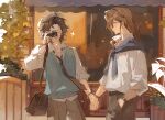  2boys bag belt bishounen black_necktie bracelet brown_hair camera closed_eyes collared_shirt commentary copyright_request glasses hand_in_pocket hat highres holding holding_camera holding_hands jewelry long_hair looking_at_another luminous_slime male_focus multiple_boys necktie open_mouth outdoors pants shirt short_hair shoulder_bag smile storefront sweater_vest taking_picture untranslatable_commentary watch white_hat white_shirt wristwatch yaoi 