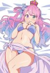  1girl absurdres ahoge bed_sheet bikini blue_bikini blush breasts candy_hair_ornament cleavage commentary_request crown food-themed_hair_ornament gradient_hair green_eyes hair_ornament hair_rings heterochromia highres himemori_luna hololive irodori_drawpic large_breasts long_hair looking_at_viewer lying mini_crown multicolored_hair navel on_back open_mouth pink_hair purple_eyes purple_hair sarong single_hair_ring solo stomach swimsuit virtual_youtuber wavy_hair white_sarong 