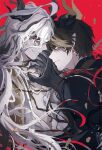  2boys ahreaumk90696 arknights black_shirt brown_hair center_opening chongyue_(arknights) claws closed_mouth colored_extremities commentary_request dragon_horns earrings eastern_dragon_horns evil_grin evil_smile grin hair_between_eyes highres horns jewelry korean_commentary long_hair long_hair_between_eyes looking_at_another multiple_boys pointy_ears red_background serious shirt shuo's_husk_(arknights) smile sui_(arknights) upper_body white_hair yellow_eyes 