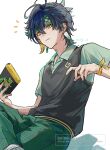  1boy black_hair blonde_hair brown_sweater_vest closed_mouth commentary_request ear_piercing earrings figure_four_sitting genshin_impact green_eyes green_hair green_headband green_pants green_shirt green_tattoo handheld_game_console headband highres holding holding_handheld_game_console invisible_chair jewelry kinich_(genshin_impact) looking_at_viewer male_focus multicolored_eyes multicolored_hair neck_tattoo official_alternate_costume pants piercing plaid_clothes plaid_pants shirt short_hair simple_background sitting skg_g solo streaked_hair sweater_vest tattoo twitter_username two-tone_eyes watermark white_background yellow_eyes 