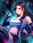  1girl absurdres alina_l bare_shoulders black_gloves black_hair black_skirt black_thighhighs breasts brown_hair cleavage clenched_hands closed_mouth collarbone commentary crop_top earrings elbow_gloves feet_out_of_frame fighting_stance final_fantasy final_fantasy_vii final_fantasy_vii_remake fingerless_gloves gloves highres jewelry lips long_hair looking_at_viewer medium_breasts midriff miniskirt navel pink_lips red_eyes shiny_skin signature single_arm_guard skirt smile solo suspender_skirt suspenders suspenders_gap swept_bangs tank_top teardrop_earrings thighhighs tifa_lockhart twitter_username white_tank_top 