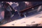  2girls angel_wings artist_name barefoot black_hair black_shirt blurry bokeh brown_dress brown_hair commentary_request depth_of_field dress falling_feathers feathers full_body haibane_renmei halo holding holding_scissors hug indoors kneeling letterboxed long_hair multiple_girls purple_eyes purple_skirt radiator rakka_(haibane_renmei) reki_(haibane_renmei) sakinoji scene_reference scissors shirt skirt wings 