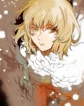  1girl brown_hair commentary_request dungeon_meshi expressionless falin_touden falin_touden_(chimera) feathers gerende15 looking_at_viewer medium_hair monster_girl slit_pupils solo yellow_eyes 