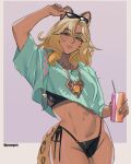  1girl animal_ear_fluff animal_ears aqua_shirt artist_name bikini black_bikini blonde_hair cheetah_girl closed_mouth commentary cosplay cover_bikini_girl_(gta_vi) cover_bikini_girl_(gta_vi)_(cosplay) cover_bikini_girl_(gta_vi)_(pose) cowboy_shot crop_top cropped_shirt dark-skinned_female dark_skin drink english_commentary eyewear_on_head genshin_impact grand_theft_auto grand_theft_auto_vi green_eyes groin hand_up highres holding holding_drink leopard_ears leopard_tail looking_at_viewer pomuya shirt side-tie_bikini_bottom solo sunglasses swimsuit tail xilonen_(genshin_impact) 