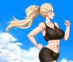  1girl bare_arms bare_shoulders bike_shorts black_sports_bra blonde_hair blue_eyes blue_sky breasts cloud collarbone commentary cowboy_shot english_commentary flying_sweatdrops from_side highres jogging large_breasts light_blush long_hair midriff navel open_mouth original ponytail profile running sky solo sports_bra sportswear sweat taut_clothes twrlare 