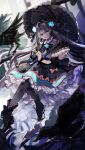  1girl arcaea arm_cutout bib_collar bird black_bow black_bowtie black_capelet black_dress black_flower black_hair black_rose black_umbrella blue_corset blue_eyes blue_flower blue_rose bow bow_flower bowtie capelet clothing_cutout collar commentary corset crow dress dress_bow flower frilled_collar frilled_sleeves frills full_body hair_flower hair_ornament hair_ribbon highres holding holding_umbrella long_hair long_sleeves looking_at_viewer pleated_capelet ribbon rosali_e rose solo tairitsu_(arcaea) tairitsu_(grievous_lady)_(arcaea) umbrella 