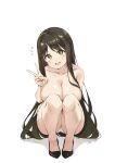  1girl absurdres black_shoes black_survival breasts brown_hair clover-shaped_pupils commentary_request eternal_return:_black_survival flying_sweatdrops furrowed_brow green_eyes highres komasi large_breasts light_blush long_hair looking_at_viewer open_mouth panties parted_bangs shadow shoes simple_background smile solo squatting sua_(black_survival) symbol-shaped_pupils topless_female underwear v very_long_hair white_background white_panties 