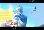  2boys alien artist_name billboard black_skin blue_skin blue_sky blueflame_blue building colored_skin commentary crossed_wrists day dorsal_fin energy_beam from_behind full_body giant giant_male hands_up highres in-franchise_crossover knee_up letterboxed looking_at_another male_focus midair motion_blur multicolored_skin multiple_boys numbered outdoors pectorals pointy_ears red_skin scene_reference silver_skin sky solo_focus spine tokusatsu toned toned_male turning_head two-tone_skin ultra_beam ultra_series ultraman_arc ultraman_arc_(series) ultraman_teo ultraman_teo_(series) upper_body 