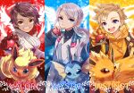  1girl 2boys blanche_(pokemon) blonde_hair blue_eyes brown_eyes brown_hair candela_(pokemon) coat column_lineup commentary_request dark-skinned_female dark_skin english_text flareon gloves grey_hair holding holding_poke_ball jewelry jolteon looking_at_viewer multiple_boys necklace open_mouth parted_lips poke_ball pokemon pokemon_(creature) pokemon_go ponytail red_gloves spark_(pokemon) team_instinct team_mystic team_valor vaporeon white_coat yellow_gloves zenyu 