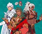  4boys abs armor bara beard bertrand_(fire_emblem) bracelet cai_(fire_emblem) chicken_(minecraft) chicken_jockey_(meme) commentary dark-skinned_male dark_skin earrings english_commentary facial_hair fire_emblem fire_emblem:_fortune's_weave gold_bracelet green_hair highres jewelry large_pectorals long_hair male_eshmel_(fire_emblem) meme minecraft multiple_boys multiple_bracelets muscular muscular_male oneirio pauldrons pectorals pointing shoulder_armor smile spiked_pauldrons spikes talimun_(fire_emblem) toothpick upper_body white_hair 