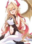  1girl absurdres bare_shoulders blonde_hair blush bodysuit breasts clothing_cutout colored_inner_hair commentary_request dragon_girl dragon_horns dragon_tail dragon_wings earrings facial_mark feather_earrings feathers full_body highres horns jewelry long_hair lumiore_(shadowverse) multicolored_hair navel navel_cutout open_mouth pointy_ears red_hair red_horns shadowverse simple_background single_earring single_wing slit_pupils solo steepled_fingers tail very_long_hair white_background white_bodysuit wings yahan_(mctr5253) yellow_eyes 